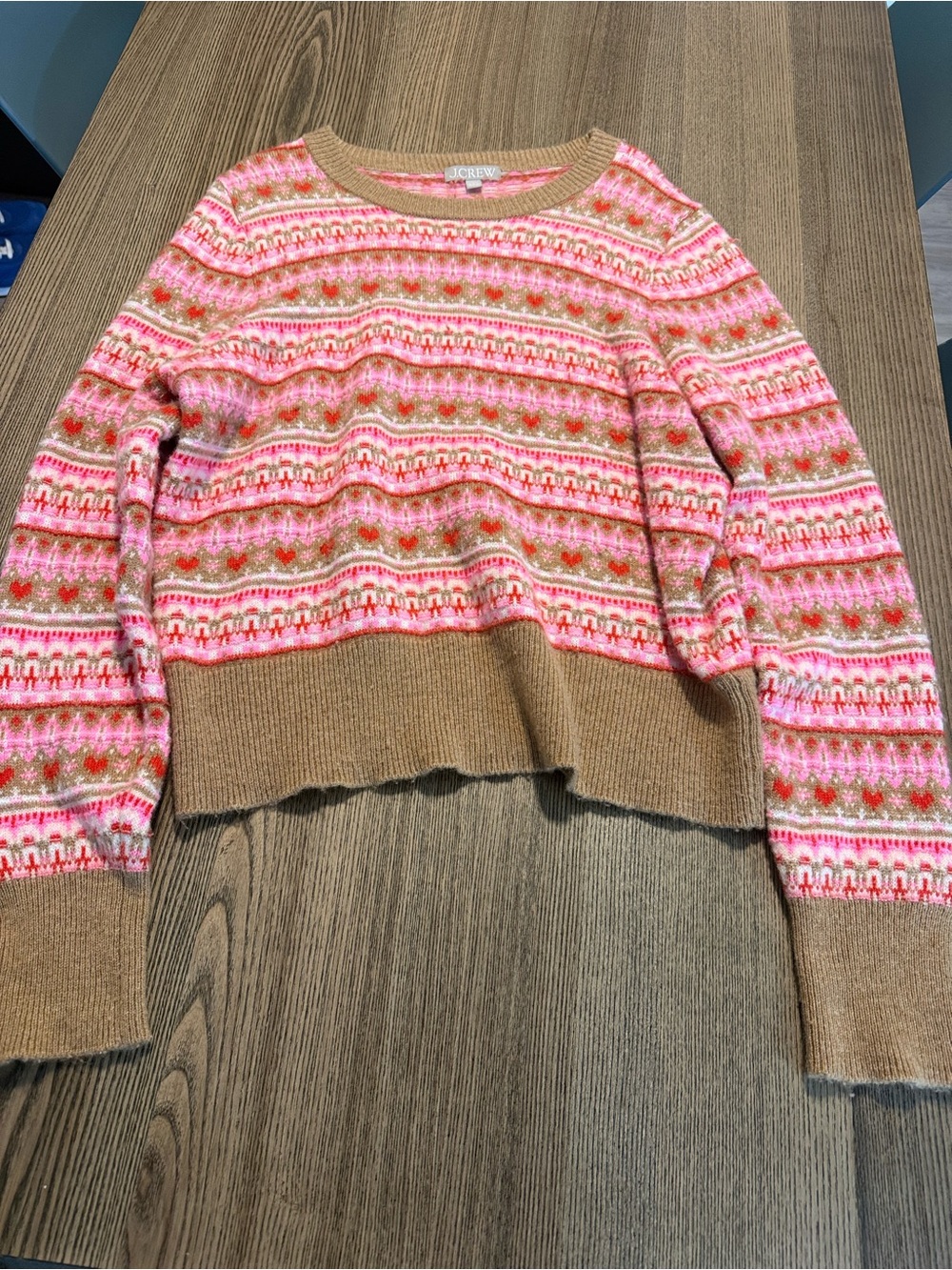 J. Crew Pink and Tan Fair Isle Crewneck Sweater